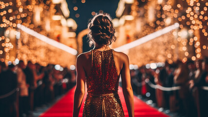 A girl walks down the red carpet. Woman in a luxurious dress on a red carpet.
 - obrazy, fototapety, plakaty