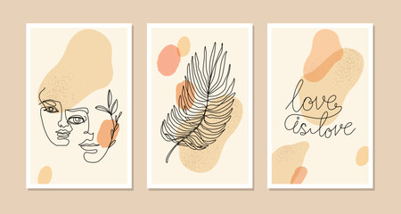 Abstract background with palm leaves. A set of three pictures. Pastel warm tones.