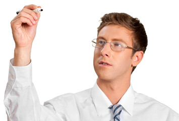 young professional writing on an invisible whiteboard