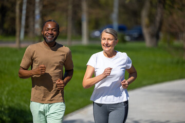 Mature couple jogging in the park together