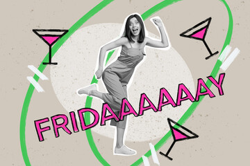 Crazy young girl clubbing have fun friday weekend party collage artwork drinking vermouth cocktails martini isolated on painted background - obrazy, fototapety, plakaty