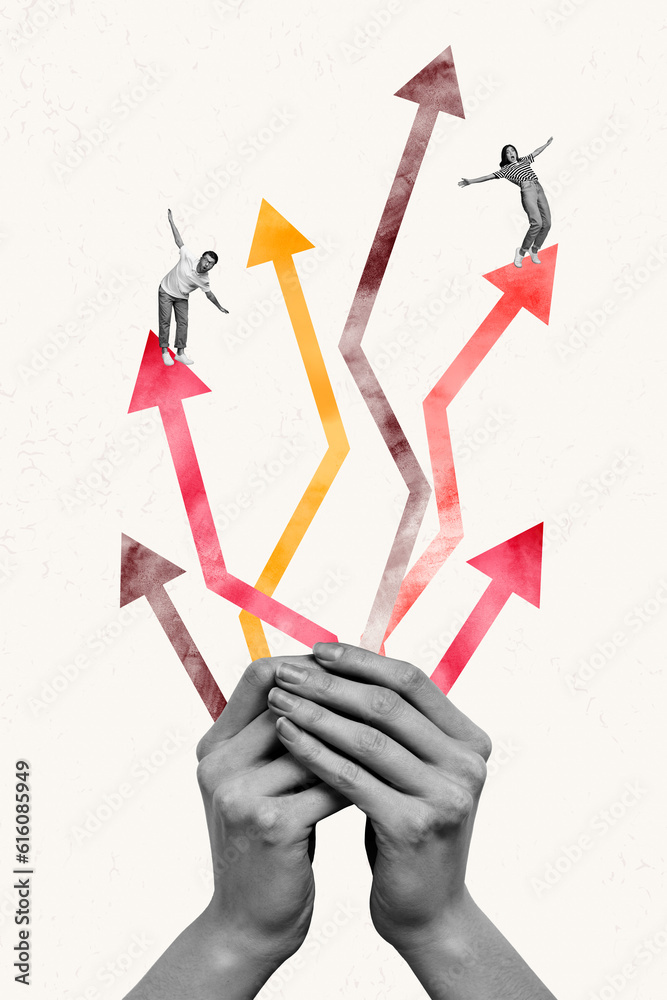 Poster vertical collage image of black white effect big arms hold arrow pointers two mini people stand bala