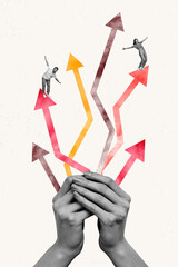Vertical collage image of black white effect big arms hold arrow pointers two mini people stand...