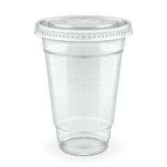 Mockup Empty Disposable Plastic Cup With Lid. Transparent Container For Cold, Hot Drink. Juice Fresh, Coffee, Tea, Milkshake. Illustration Isolated On White Background Mock Up Template Your Design.