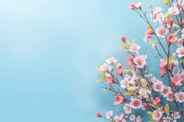 Naklejka na ściany i meble Small beautiful flowers blossom on pastel background with copy space. Floral pattern layout with a lots of place for adding text Generative AI