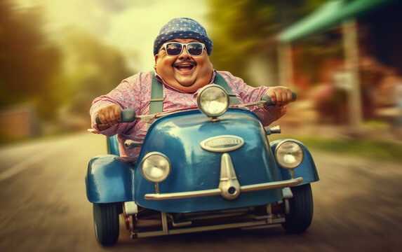 funny fat man drives a pedal car. Funny, chubby and joyful