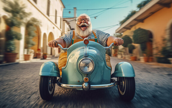 funny elderly man drives a pedal car. Funny, chubby and joyful