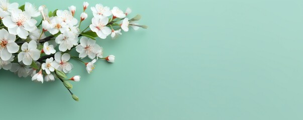 Small beautiful flowers blossom on pastel background with copy space. Floral pattern layout with a lots of place for adding text Generative AI