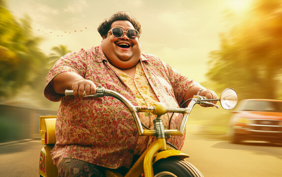 funny man drives a pedal tricycle. Funny, chubby and joyful