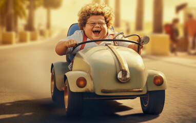 funny fat boy drives a pedal car. Funny, chubby and joyful