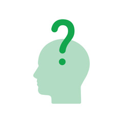 cartoon doubt icon with green human head. flat style modern attitude logotype graphic user pictogram design element. concept of search solution or self training or understanding or learning sign