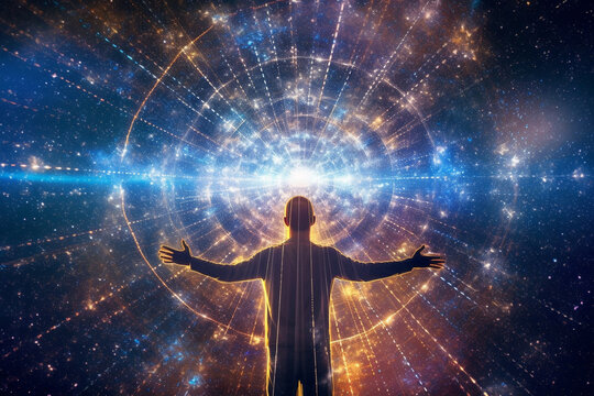 States of mind, chakras, meditation or 4th dimension illustration. Colorful space background with copy space and black human silhouette. Surreal mood. Generative AI