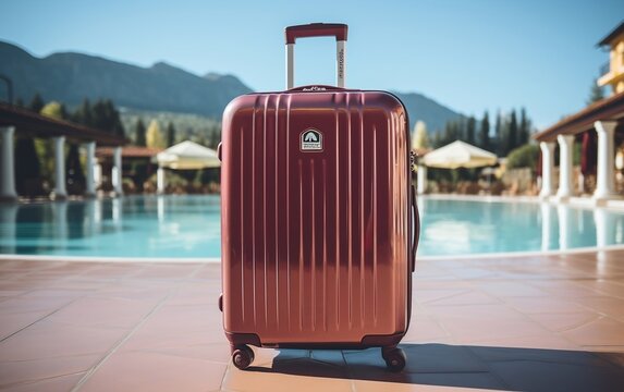 A suitcase in front of a swimming pool. Generative AI