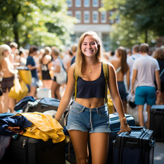 First day at university, student unpacking at collage, student unpacking at school, College Move In Day, moving into dormitory on college campus - obrazy, fototapety, plakaty