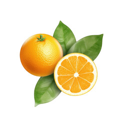Top view of isolated orange with green leaves next to half orange on cutout PNG transparent background. Generative AI