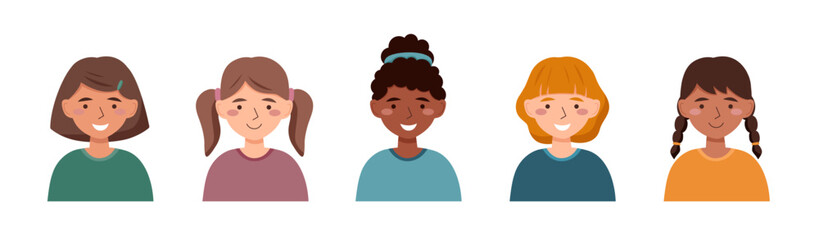 Girl avatars in the flat style on white background. Portraits of girls.
