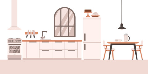 Kitchen with furniture. Cozy kitchen interior with table, stove, cupboard, dishes and fridge. Flat style vector.