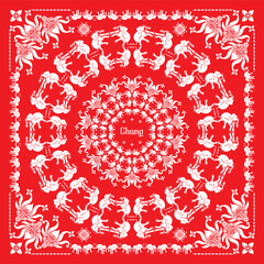 Red Bandanna Print. Bandanna vector. seamless pattern. elephant, flowers, decorative geometric line ornament. White and red pattern template. Silk neck scarf or kerchief square pattern design style.