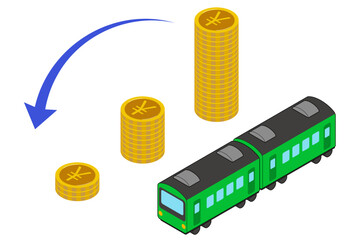 電車の運賃値下げ、賃金低下の不景気イメージ、アイソメトリックのイラスト
