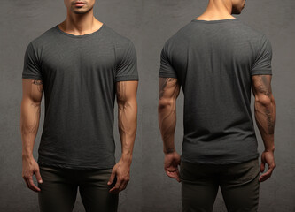 Photo realistic male grey t-shirts with copy space, front, and back view