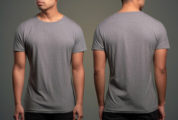 Photo realistic male grey t-shirts with copy space, front, and back view