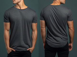 Photo realistic male grey t-shirts with copy space, front, and back view