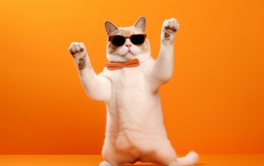 A cool white cat wearing sunglasses on a vibrant orange background. Generative AI