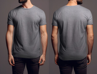 Photo realistic male grey t-shirts with copy space, front, and back view © degungpranasiwi