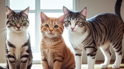 Three Cute Fluffy Cats. Beautiful Animals. House Pet. Generative AI.