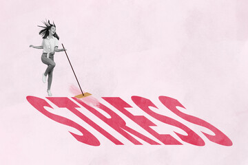 Creative artwork graphics collage painting of carefree lady getting rid of stress isolated pink color background