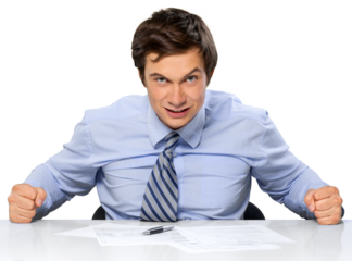 Angry Businessman Sitting at the Desk - Isolated