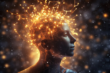 Obraz premium Human head with glowing neurons in the brain stars around. Generative AI