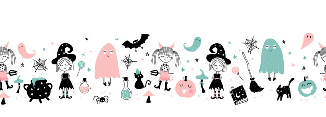 Fun hand drawn Halloween seamless pattern with cats, hats, bats and decoration - great for textiles, banners, wallpapers, wrapping - vector design
