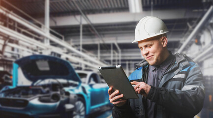 A quality control engineer at an automobile plant stands with a tablet in his hand. Concept of an...