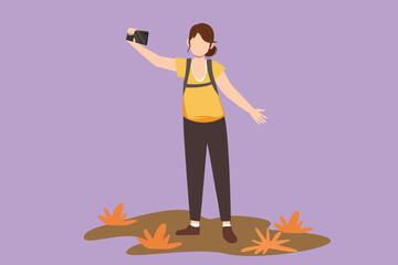 Character flat drawing young beautiful woman making selfie with smartphone. Travel pretty girl with backpack taking selfie. Tourism nature backpacking or trekking. Cartoon design vector illustration