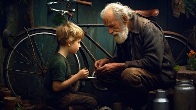 Grandpa fixing his grandson's bike.
