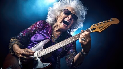 Obraz premium A senior woman dressed as a rock star, confidently singing and playing the guitar on a concert.