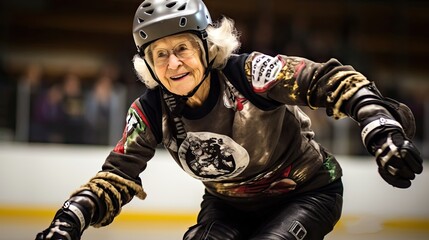 A senior woman dressed in roller derby gear, participating in a thrilling roller derby match.