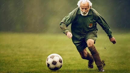 An elderly gentleman dressed in sports gear, dribbling a soccer ball with precision on a green field.