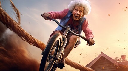 An old woman confidently riding a BMX bike and catching some air at a skate park.
