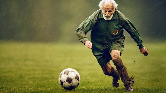 An elderly gentleman dressed in sports gear, dribbling a soccer ball with precision on a green field.