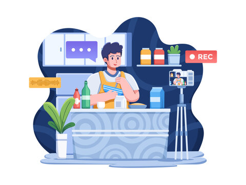 Vector illustration of content creator making video cooking content in the kitchen. the creator shares culinary secrets, recipes, and delightful food presentations with their engage online audience.