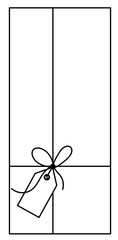 Gift with bow label tag on ribbon string vector silhouette icon. Black line art rope cord with knot and bow on birthday or holiday christmas present package decoration. Top view sign.