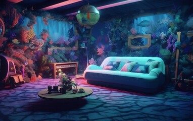 A living room with a red couch and a red rug . Generative AI