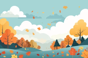 Gardinen Autumn landscape with trees, mountains, hills, fields, leaves. Autumn leaves. Beautiful rural landscape. Autumn background. Vector illustration © LoveSan