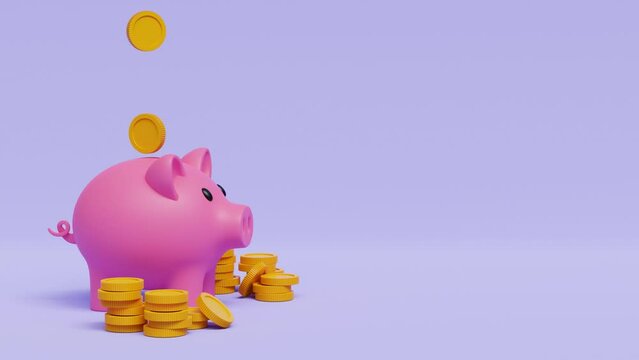 Money Piggy bank creative business concept. Pink pig keeps gold coins. Safe finance investment. Financial services. 4k 3d loop animation