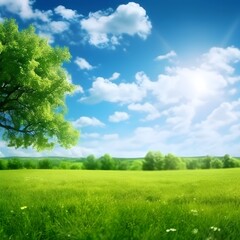 Beautiful background image of spring nature with a neatly trimmed lawn surrounded by trees against a blue sky with clouds on a bright sunny day, Generative Ai