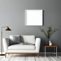 Empty white square picture frame mockup hanging on wall background.  vase, dry flowers on table. Cup of coffee, Working space, modern home office. Art, poster display. Modern interior, Generative Ai