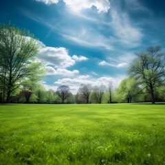 Fototapeta premium Beautiful background image of spring nature with a neatly trimmed lawn surrounded by trees against a blue sky with clouds on a bright sunny day, Generative Ai