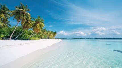 Fototapeta na wymiar Tropical island beach with white sand and palms Travel relax concept Generative AI